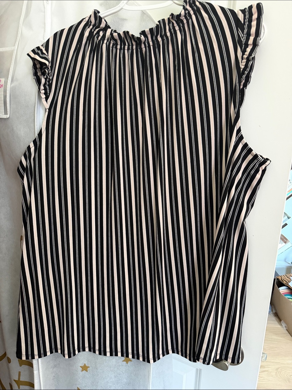 Adrianna Papell Black and Cream Vertical Stripe Sleeveless Blouse